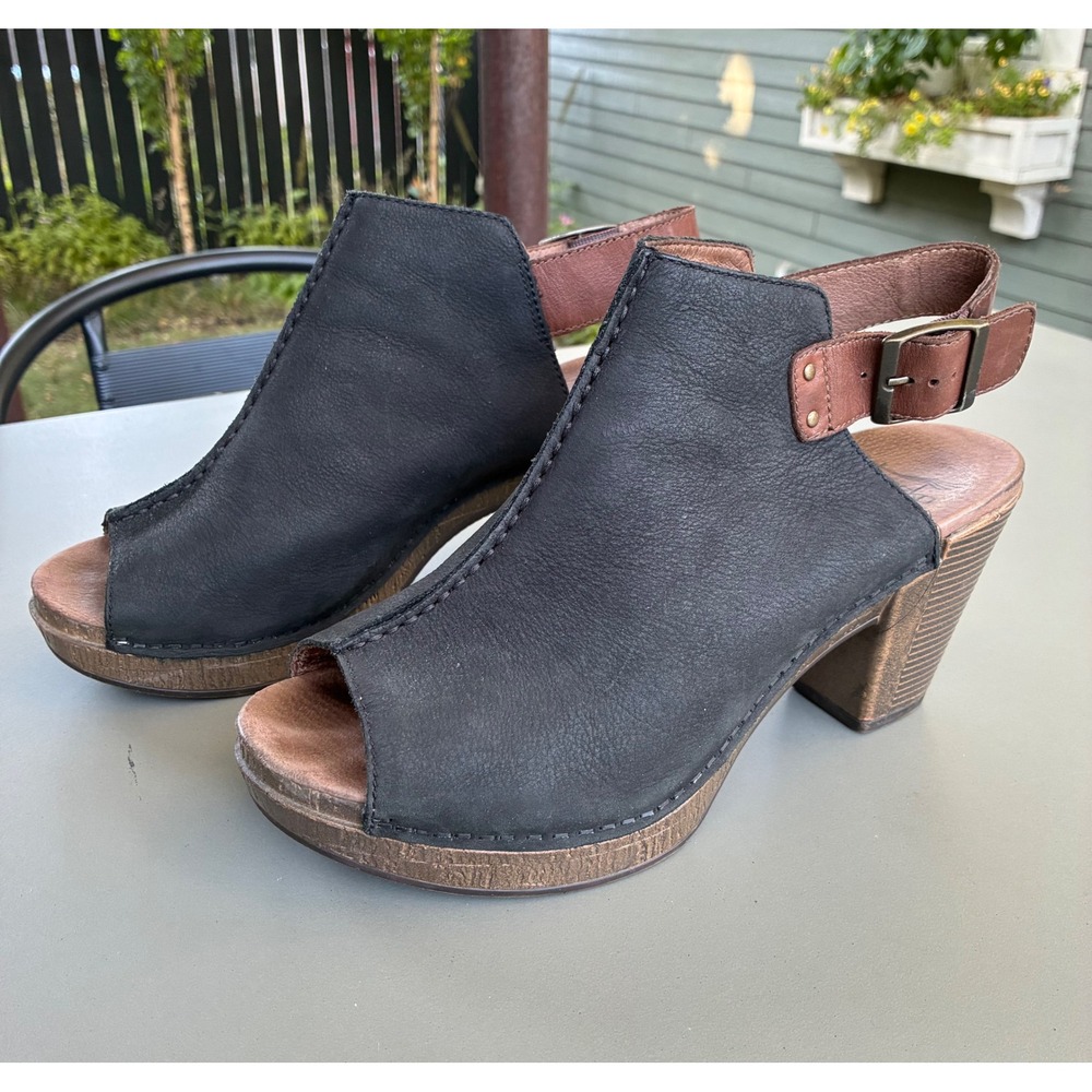 Dansko Reggie Peep Toe Booties Black Brown Leather Slingback Clog Sandals EU 41